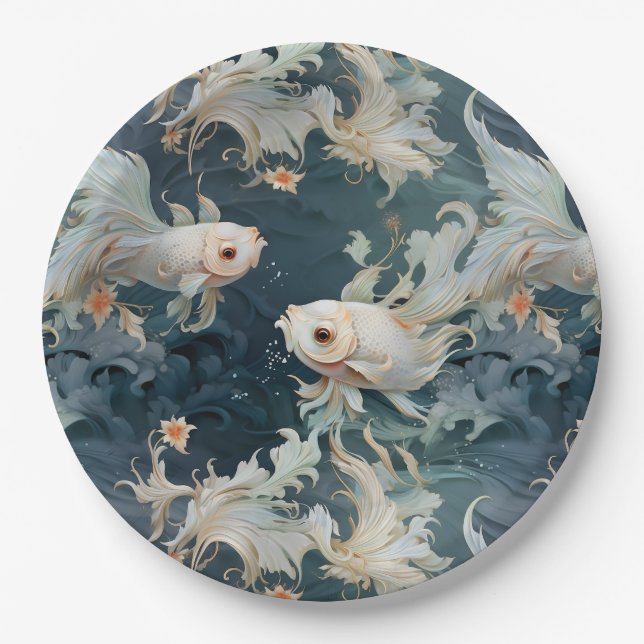 Betta Fish Blue White Paper Plates (Front)