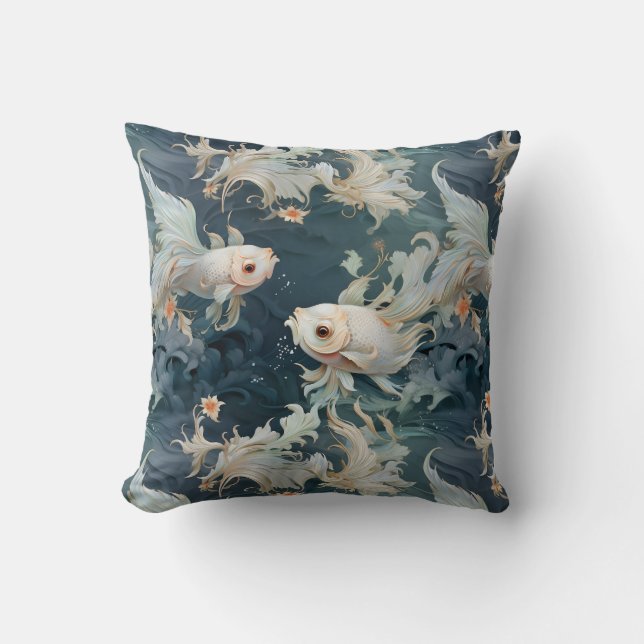 Betta Fish Blue White Throw Pillow (Front)