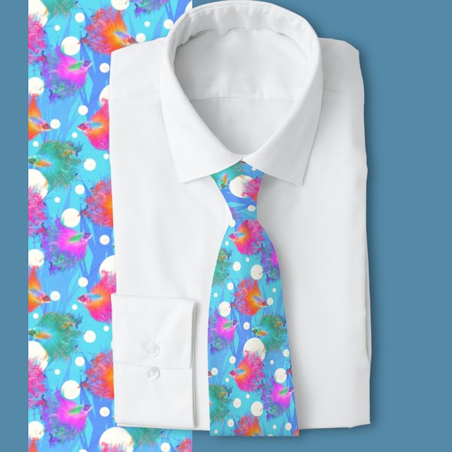 Betta Fish Bubbles  Neck Tie (Bright Betta fish swimming pattern. Ocean and aquarium enthusiasts )