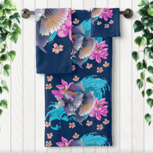 Betta  Siamese Fighting Fish Lotus Waves Blue Bath Towel Set
