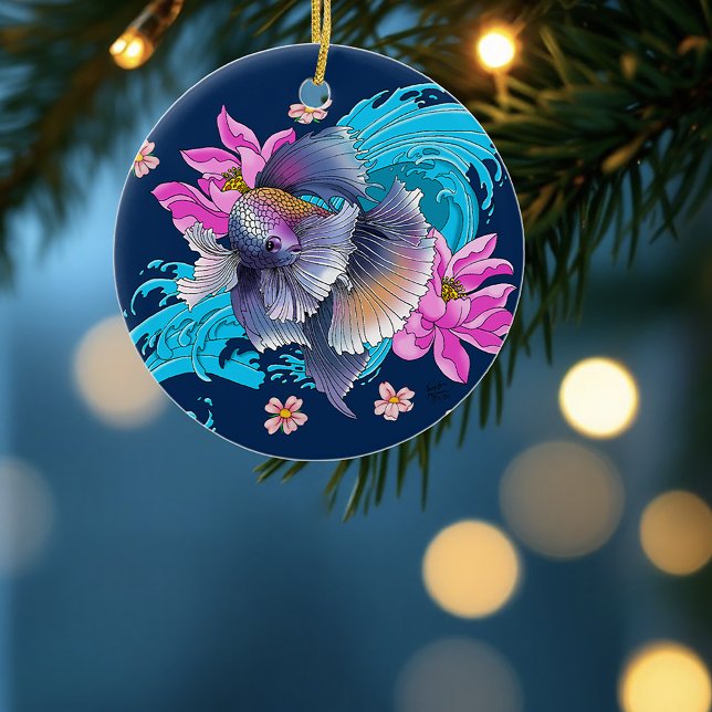 Betta Siamese Fighting Fish Lotus Waves Blue Ceramic Ornament (Creator Uploaded)