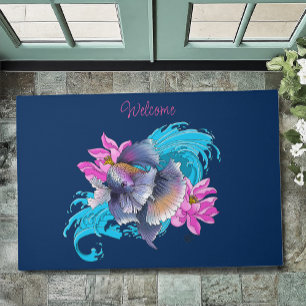 Betta Siamese Fighting Fish Lotus Waves Blue Doormat