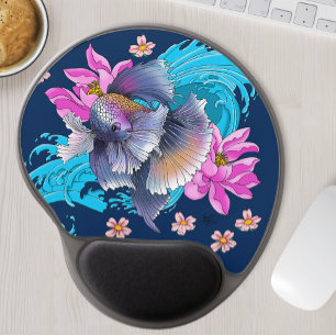 Betta  Siamese Fighting Fish Lotus Waves Blue Gel Mouse Pad