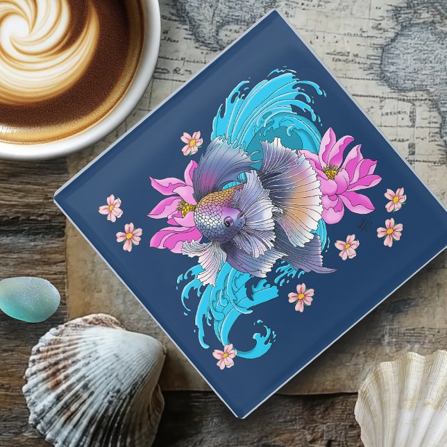  Betta Siamese Fighting Fish Lotus Waves Blue Glass Coaster (Creator Uploaded)