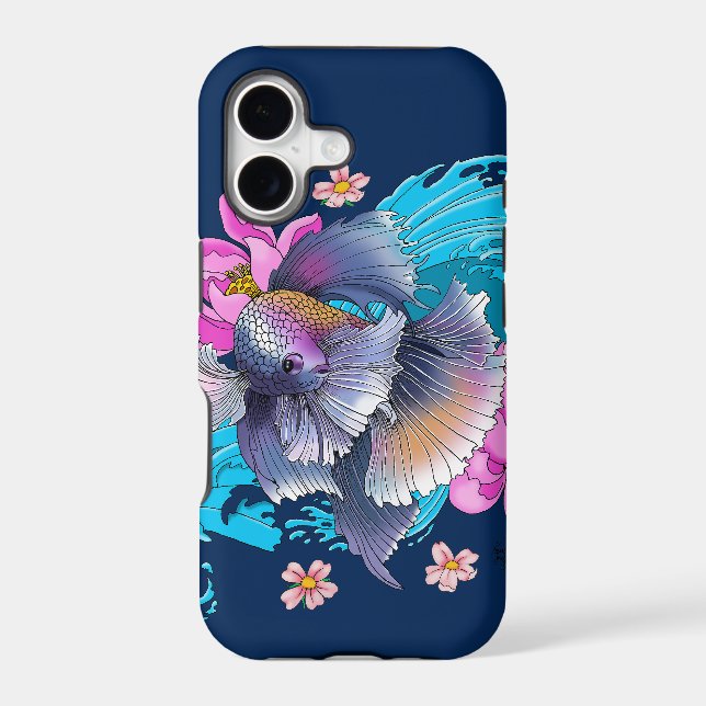 Betta Siamese Fighting Fish Lotus Waves Blue Iphone Case (Back)