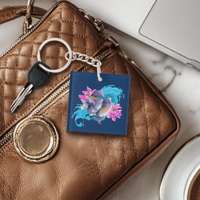 Betta Siamese Fighting Fish Lotus Waves Blue Keychain (Creator Uploaded)