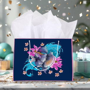  Betta Siamese Fighting Fish Lotus Waves Blue Large Gift Bag