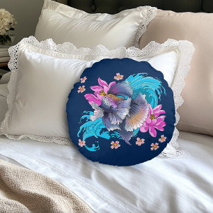 Betta  Siamese Fighting Fish Lotus Waves Blue Round Pillow