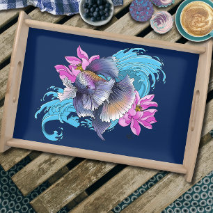 Betta Siamese Fighting Fish Lotus Waves Blue Serving Tray