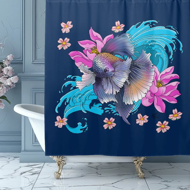  Betta Siamese Fighting Fish Lotus Waves Blue Shower Curtain (Creator Uploaded)