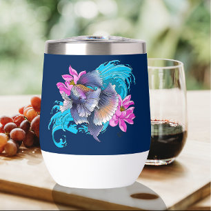 Betta Siamese Fighting Fish Lotus Waves Blue Thermal Wine Tumbler