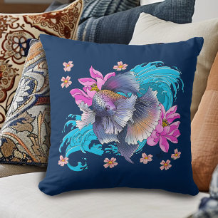 Betta Siamese Fighting Fish Lotus Waves Blue Throw Pillow