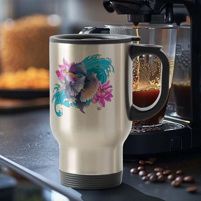 Betta Siamese Fighting Fish Lotus Waves Blue Travel Mug (Creator Uploaded)
