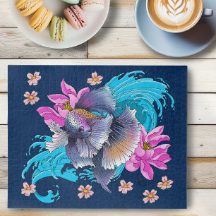 Betta Siamese Fighting FishLotus Waves Blue Jigsaw Puzzle