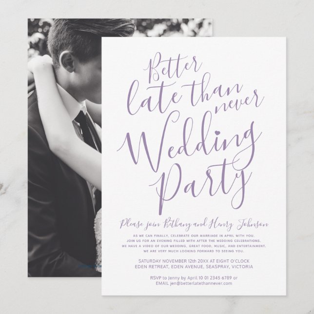 Better late than never wedding party muted purple invitation (Front/Back)