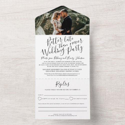 Better late wedding party RSVP photo black white All In One Invitation