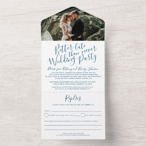 Better late wedding party RSVP photo blue white All In One Invitation