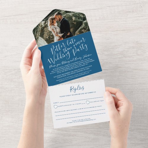 Better late wedding party RSVP photo blue white All In One Invitation