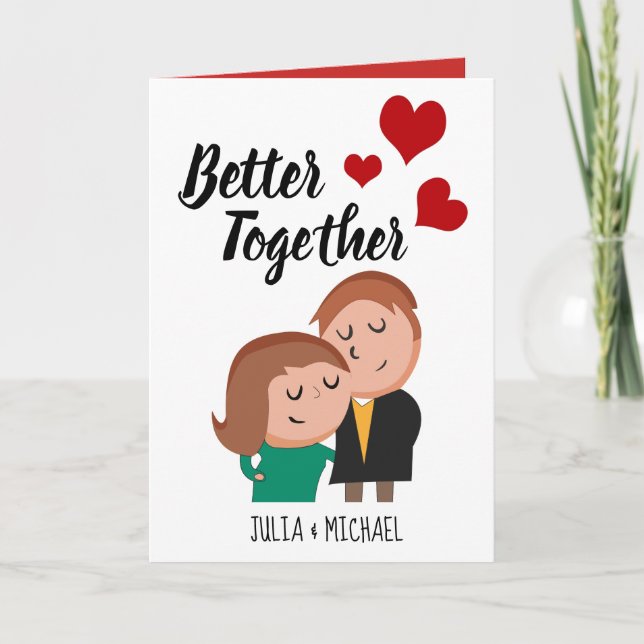 Better Together Cartoon Couple Hearts Card (Front)