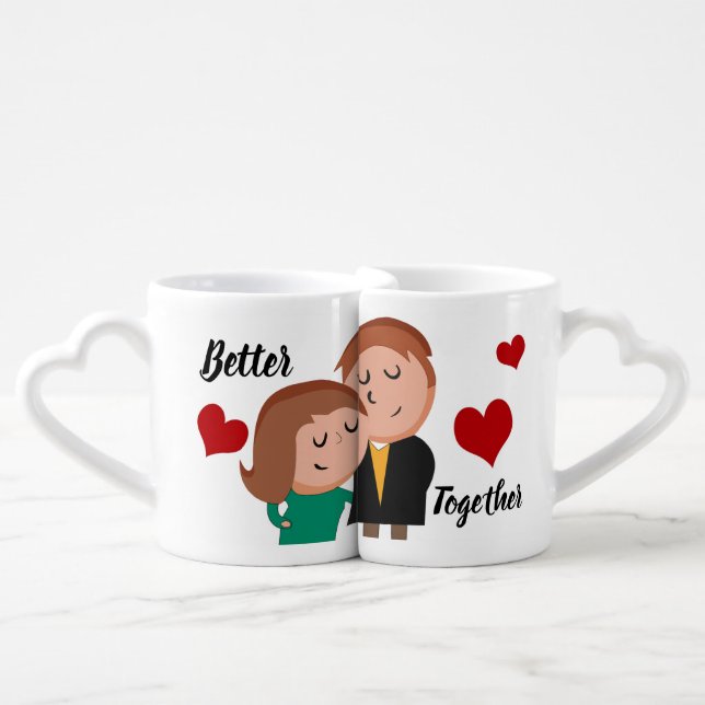 Better Together Cartoon Couple Hearts Coffee Mug Set (Front Nesting)