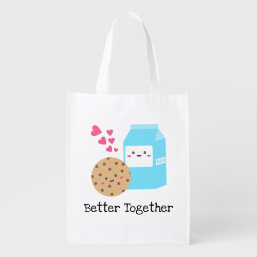 Better Together Kawaii Milk and Cookies Cute Love  Grocery Bag