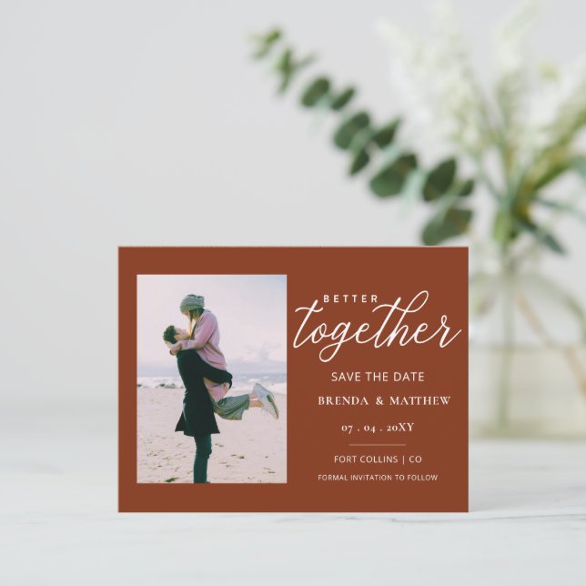 Better Together Minimalist Photo Save the Date Announcement Postcard (Standing Front)