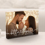 Better Together Modern Script Custom Wedding Heart Photo Block<br><div class="desc">Custom couple,  engagement,  or wedding photo plaque with a modern heart script design reading BETTER TOGETHER alongside your names and date.</div>