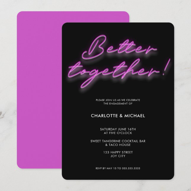 Better Together Neon Pink Engagement Invitation (Front/Back)