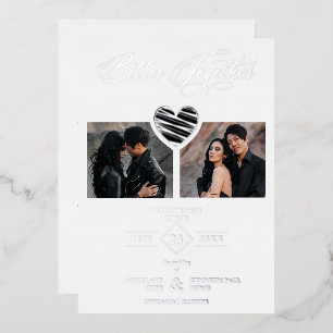 Better Together Quote Black Silver Heart 2 Photos Foil Invitation