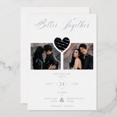 Better Together Quote Black Silver Heart 2 Photos Foil Invitation