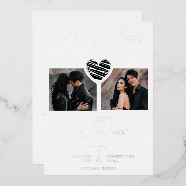 Better Together Quote Black Silver Heart 2 Photos Foil Invitation (Front/Back)