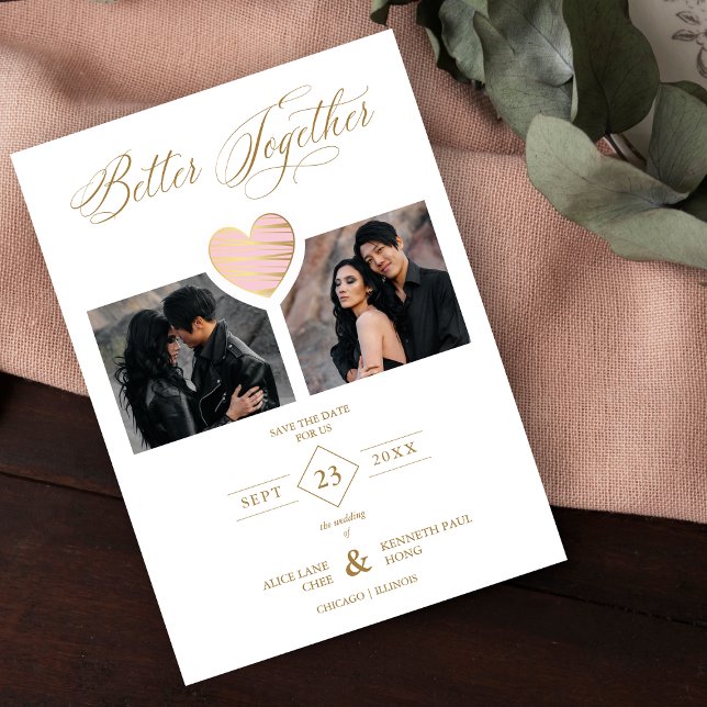 Better Together Quote Pink Golden Heart 2 Photos Save The Date (Creator Uploaded)