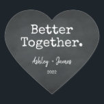 Better Together Script Names Wedding Chalkboard Heart Sticker<br><div class="desc">Pretty monogram heart sticker or envelope seal with the text 'Better Together.' your names and wedding date in elegant handwritten script calligraphy and stylish typography on a chalkboard background. Perfect for your Christmas and Valentine gifts, baby shower, bridal shower, wedding favors, small business mailing and festive packages, add some love...</div>