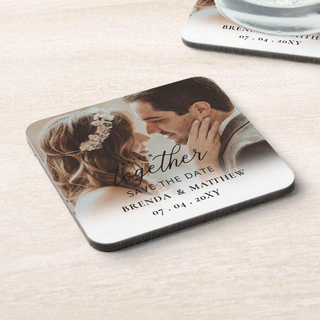 Better Together Script Photo Save The Date Beverage Coaster (Left Side)