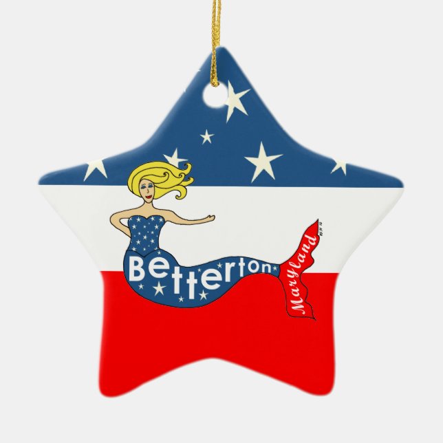 Betterton Mermaid Red, White & Stars Ceramic Ornament (Front)