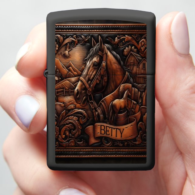 Betty Leather Carving of Horse and Landscape Zippo Lighter (In Hand)