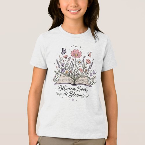 Between books and blooms book lover reader Tri-Blend shirt