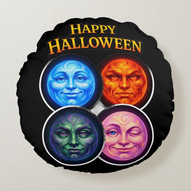Between four elements, moon faces festive Gothic g Round Pillow (Front)