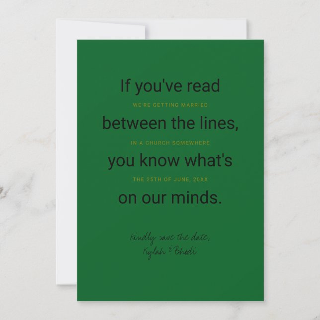 Between the Lines Typography Save the Date card (Front)