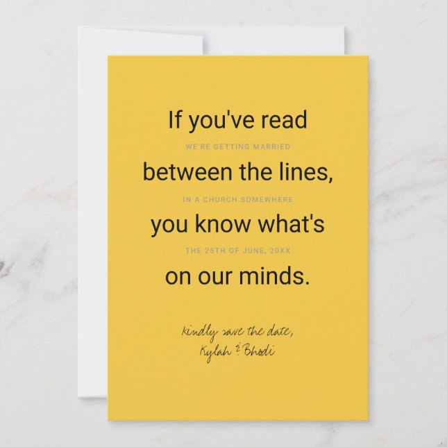 Between the Lines Typography Save the Date card (Front)
