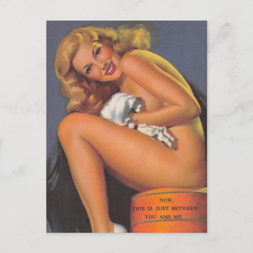 Between you and me  Vintage pin up girl  Postcard