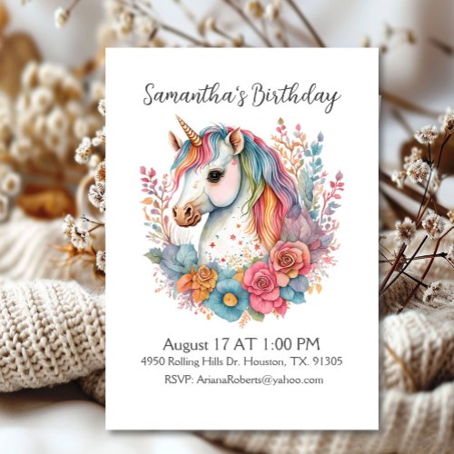 Beutiful Unicorn Girl Birthday Invitation