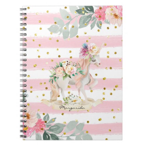 Beutiful Unicorn Pastel Pink Stripes Gold Glitter Notebook