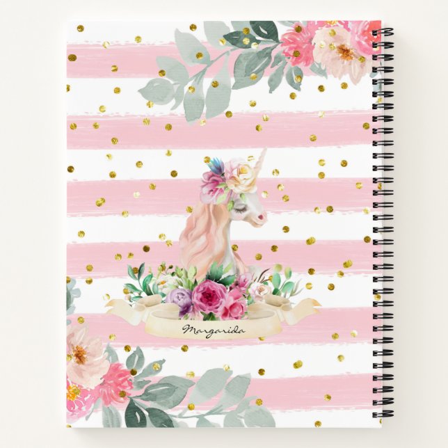 Beutiful Unicorn Pastel Pink Stripes Gold Glitter  Notebook (Back)