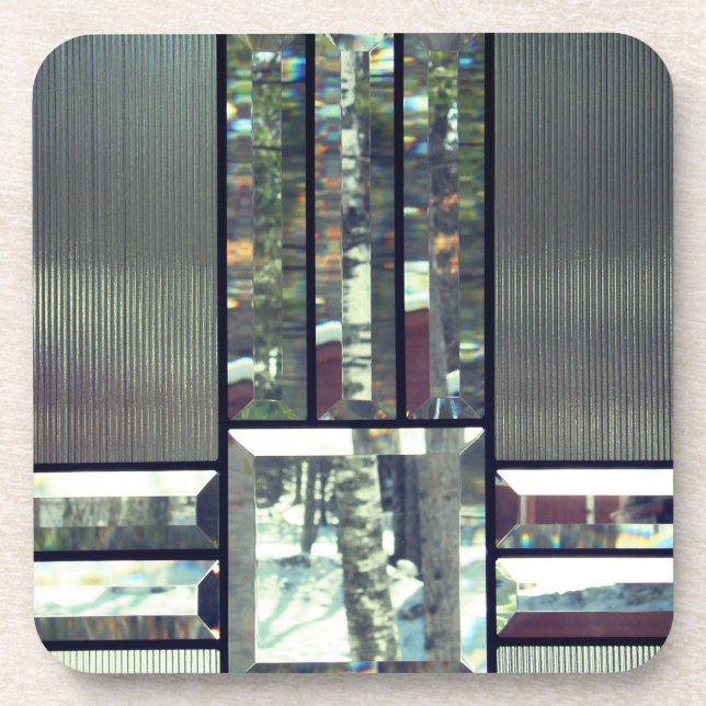 Beveled glass birch trees metallic silver modern beverage coaster (Front)