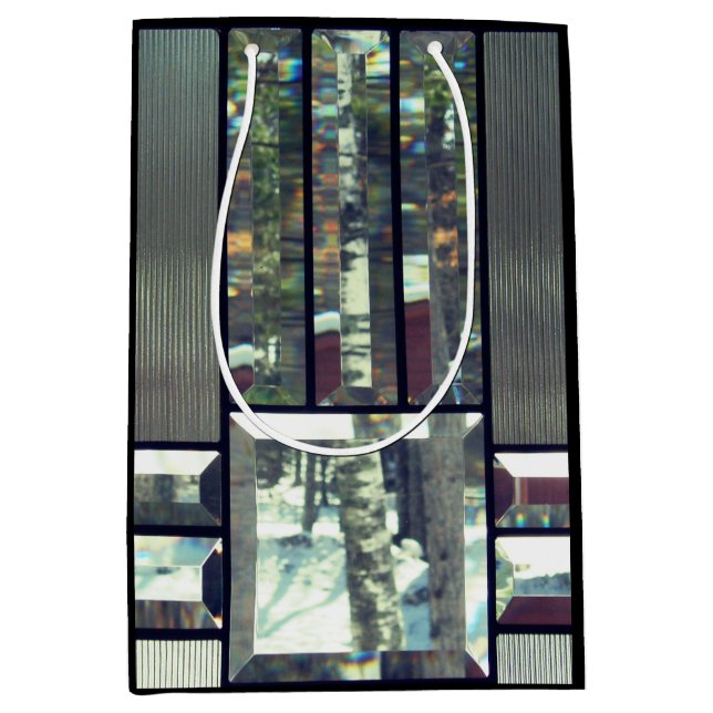 Beveled glass stained metallic look silver modern medium gift bag (Front)