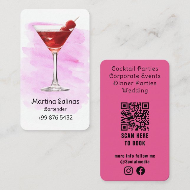 beverage bartender Professional | Pink Watercolor Business Card (Front/Back)