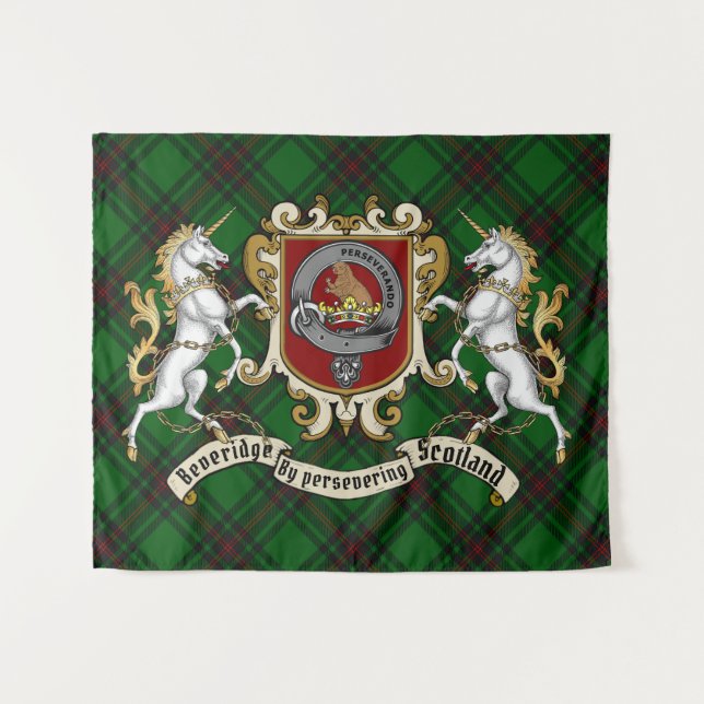 Beveridge Clan Badge & Unicorns w/Tartan Tapestry (Front (Horizontal))