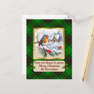 Beveridge Crest & Tartan w/Robin Personalized Holiday Postcard