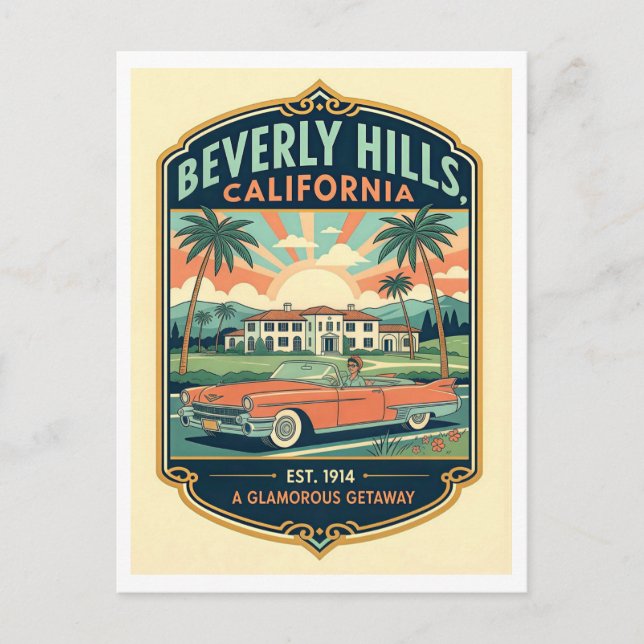 Beverly Hills CA Retro 1950s Travel Postcard (Front)